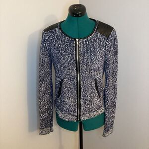 Ella Moss Black Leather trim Sweater Blazer Navy Blue and White Size M